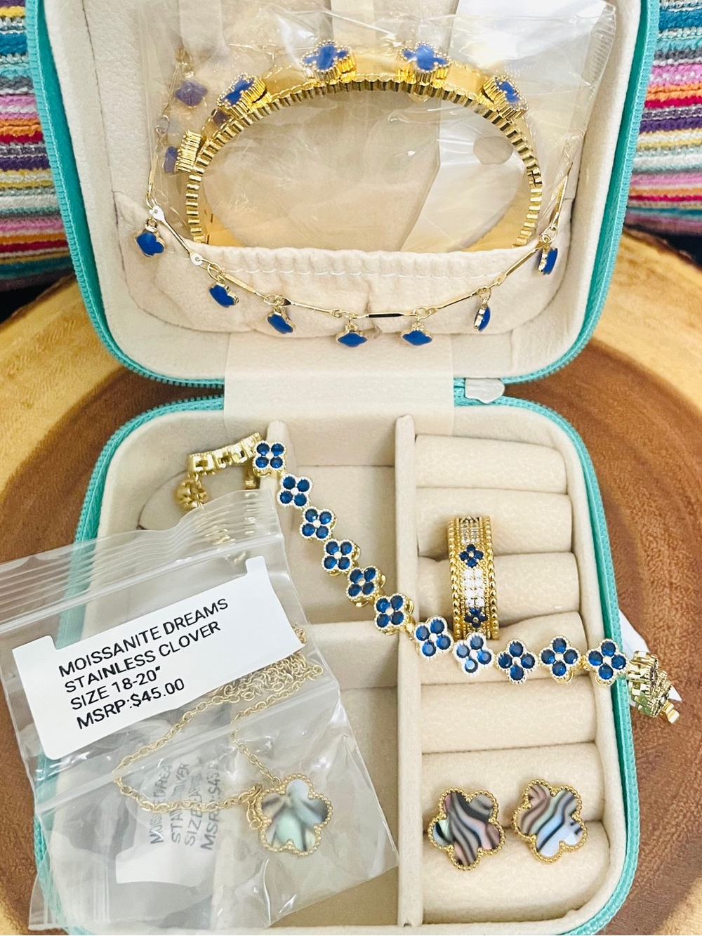 7 Pc Blue Clover Jewelry Bundle In Travel Jewelry Case Gold Filled And Plated